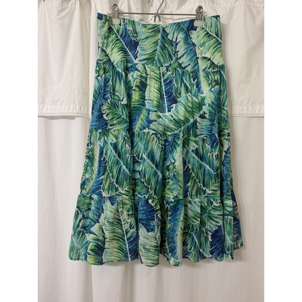 Chaps Ralph Lauren Petite Large Tropical Palm Leaf Flowy Midi Skirt Green Blue